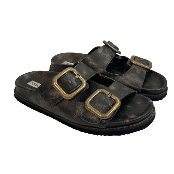 Steve Madden Women's Cape Sandal Distressed Flats Slides Buckle sz 10 Dark Brown - Picture 1 of 12